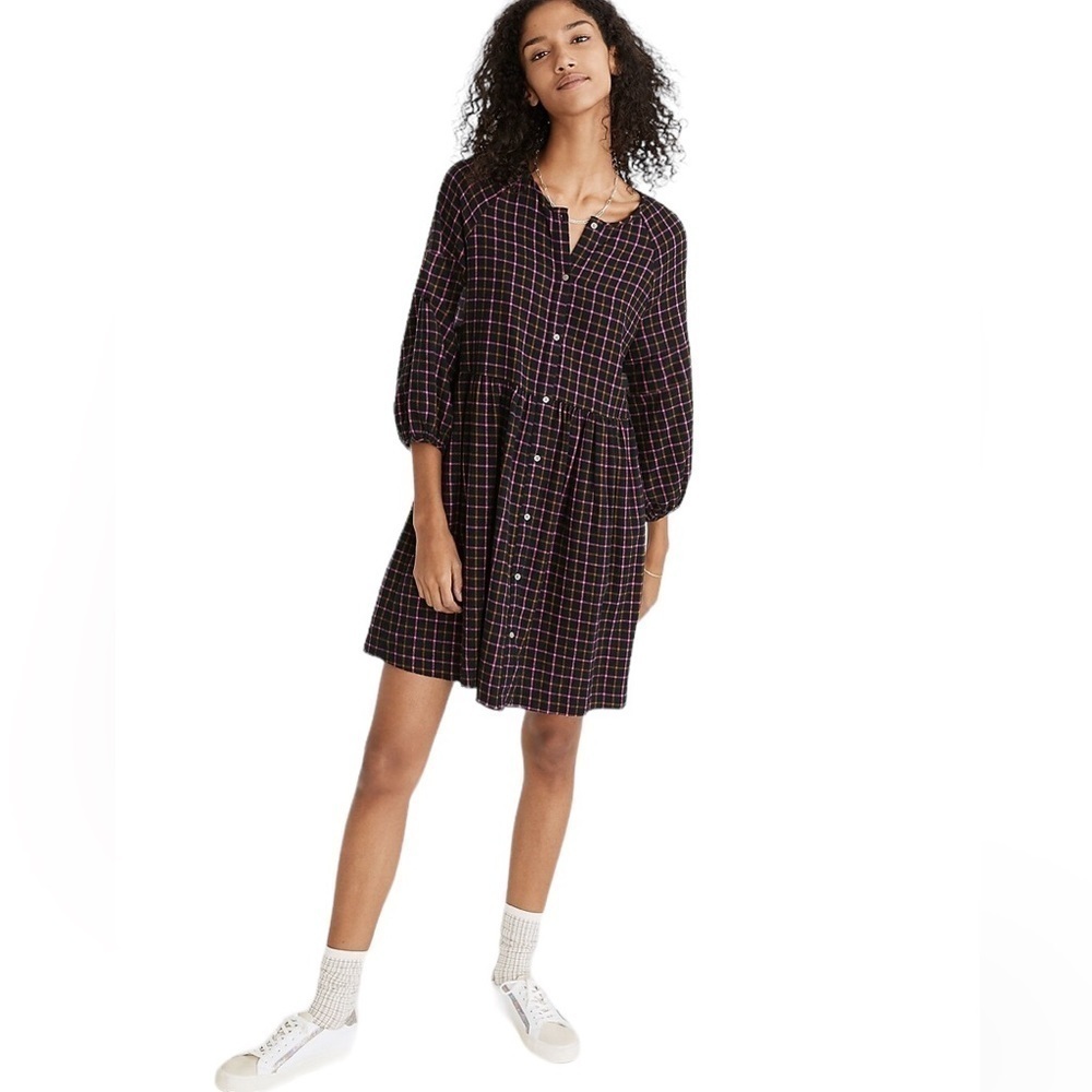 Madewell Black Plaid Button-Front Shirtdress
